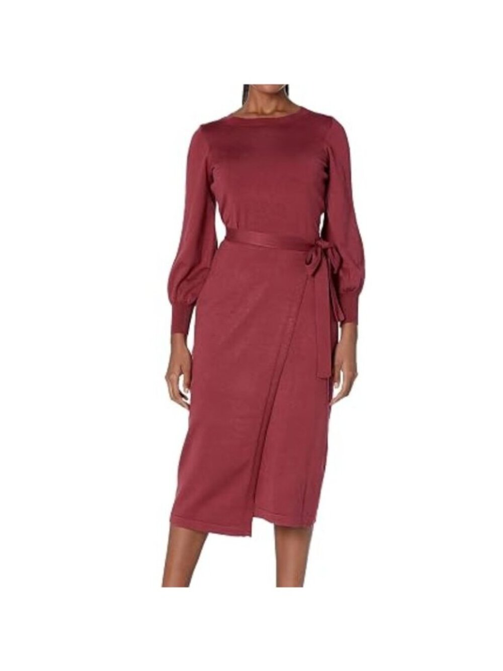NWT Taylor Womens Burgundy Belted Faux Wrap Midi Sweater Dress Petite Size PL